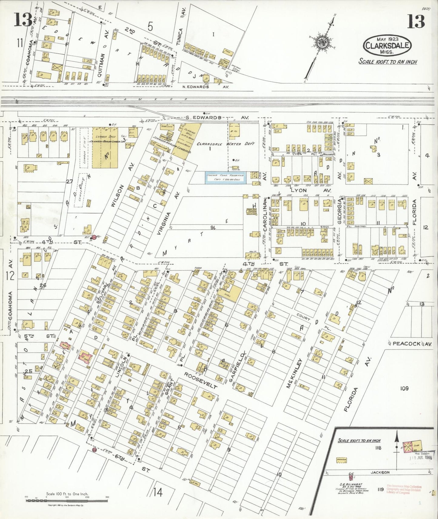 Sanborn Fire Insurance Map from Clarksdale, Coahoma County, Mississippi (1923), Sheet #0013 - Complete Map Set gallery image, historic Sanborn map, vintage wall art, Mississippi Mississippi