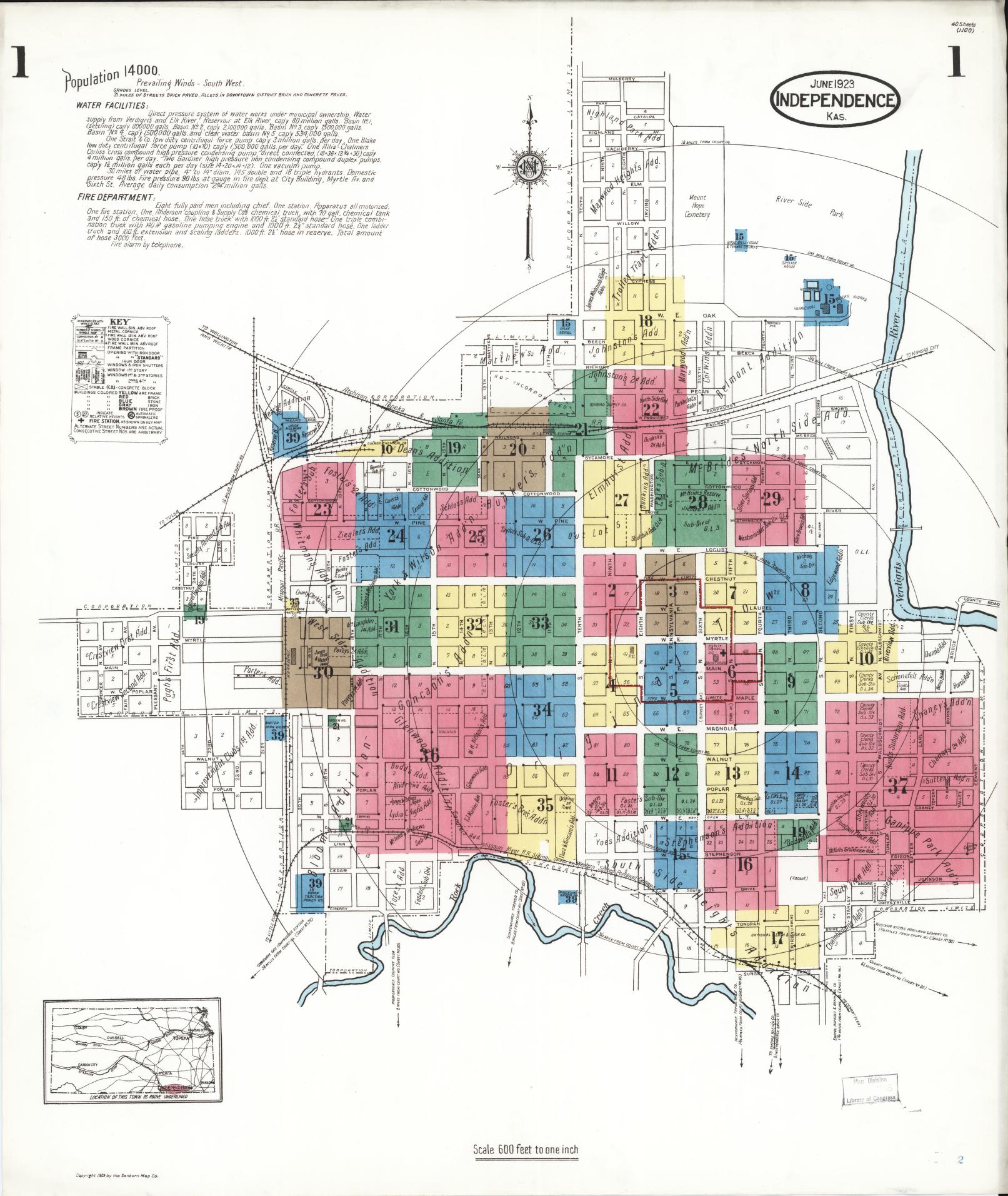 Sanborn Fire Insurance Map from Independence, Montgomery County, Kansas (1923), Sheet #0002 - Historic Sanborn Fire Insurance Map Print, vintage old map wall art, antique decor, genealogy gift, Kansas Kansas map