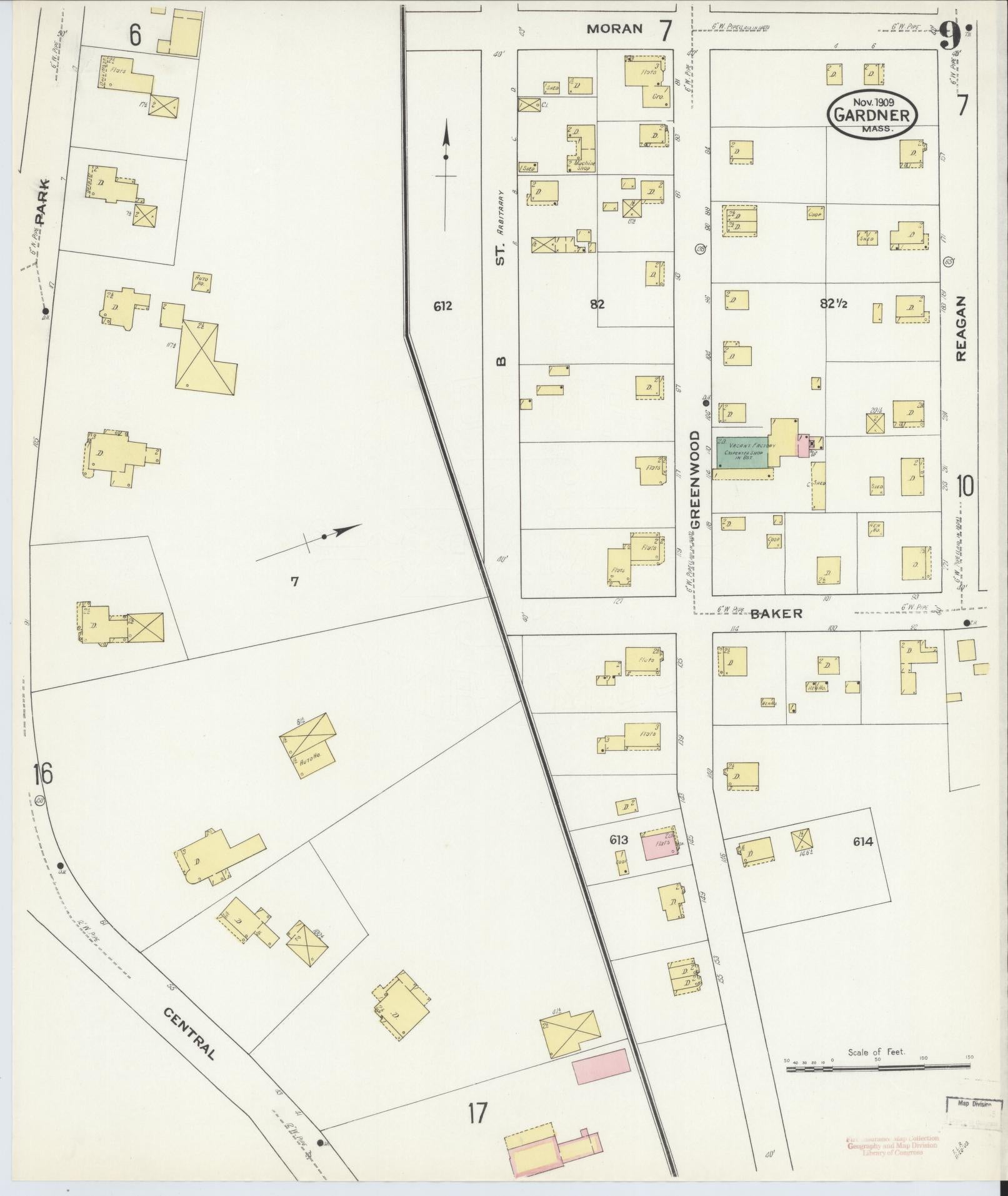 Sanborn Fire Insurance Map from Gardner, Worcester County, Massachusetts (1909), Sheet #0009 - Complete Map Set gallery image, historic Sanborn map, vintage wall art, Massachusetts Massachusetts