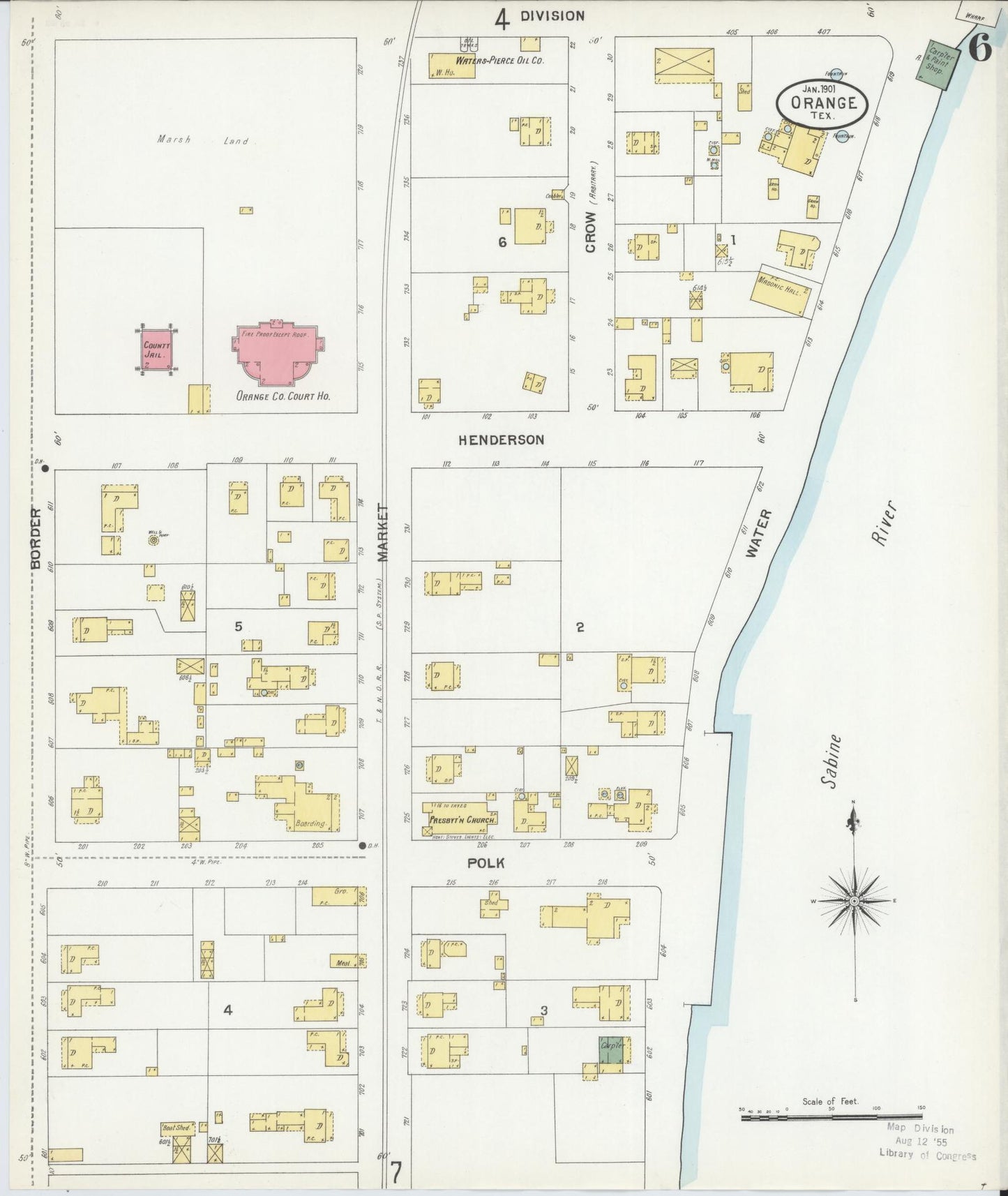 Sanborn Fire Insurance Map from Orange, Orange County, Texas (1901), Sheet #0006 - Historic Sanborn Fire Insurance Map Print, vintage old map wall art, antique decor, genealogy gift, Texas Texas map
