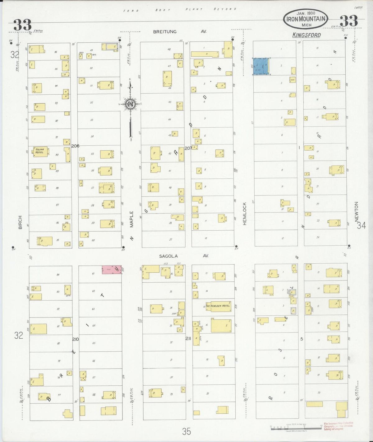 Sanborn Fire Insurance Map from Iron Mountain, Dickinson County, Michigan (1930), Sheet #0033 - Historic Sanborn Fire Insurance Map Print, vintage old map wall art, antique decor, genealogy gift, Michigan Michigan map