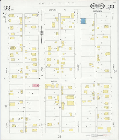 Sanborn Fire Insurance Map from Iron Mountain, Dickinson County, Michigan (1930), Sheet #0033 - Historic Sanborn Fire Insurance Map Print, vintage old map wall art, antique decor, genealogy gift, Michigan Michigan map