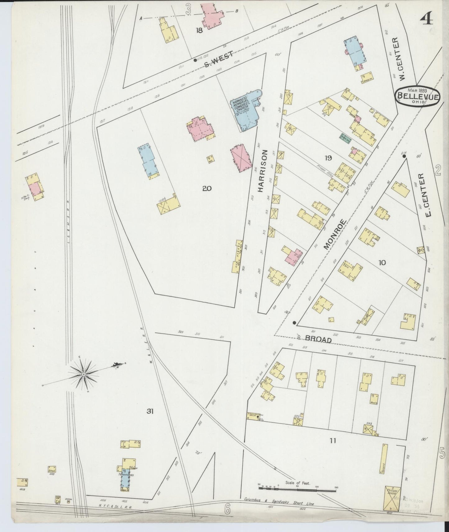 Sanborn Fire Insurance Map from Bellevue, Huron And Sandusky County, Ohio (1893), Sheet #0004 - Historic Sanborn Fire Insurance Map Print, vintage old map wall art, antique decor, genealogy gift, Ohio Ohio map