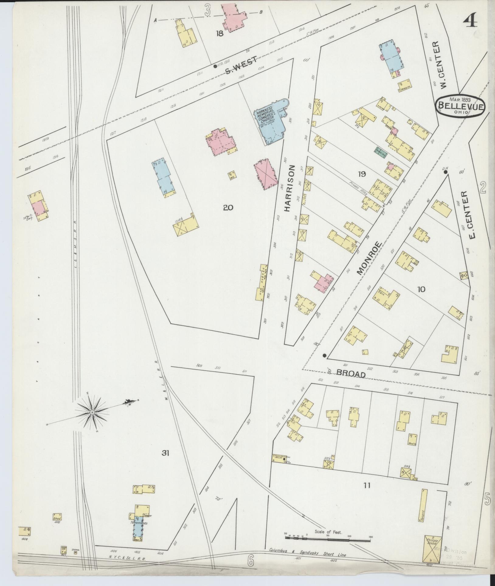 Sanborn Fire Insurance Map from Bellevue, Huron And Sandusky County, Ohio (1893), Sheet #0004 - Historic Sanborn Fire Insurance Map Print, vintage old map wall art, antique decor, genealogy gift, Ohio Ohio map