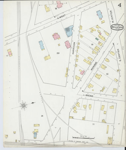 Sanborn Fire Insurance Map from Bellevue, Huron And Sandusky County, Ohio (1893), Sheet #0004 - Historic Sanborn Fire Insurance Map Print, vintage old map wall art, antique decor, genealogy gift, Ohio Ohio map