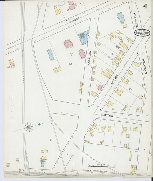 Sanborn Fire Insurance Map from Bellevue, Huron And Sandusky County, Ohio (1893), Sheet #0004 - Historic Sanborn Fire Insurance Map Print, vintage old map wall art, antique decor, genealogy gift, Ohio Ohio map