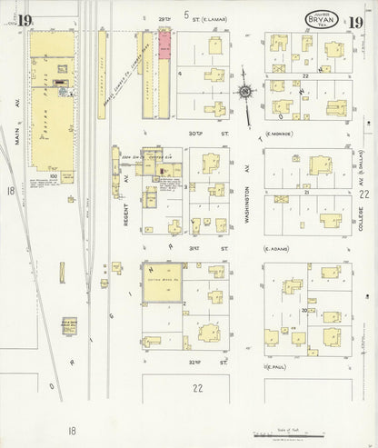 Sanborn Fire Insurance Map from Bryan, Brazos County, Texas (1925), Sheet #0019 - Historic Sanborn Fire Insurance Map Print, vintage old map wall art, antique decor, genealogy gift, Texas Texas map