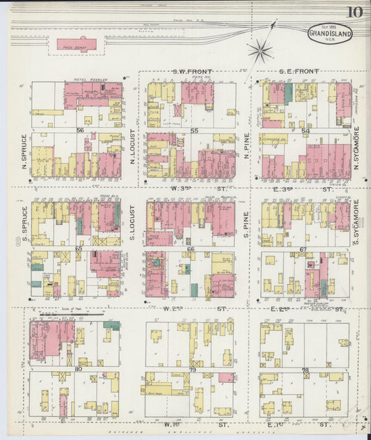 Sanborn Fire Insurance Map from Grand Island, Hall County, Nebraska (1893), Sheet #0010 - Historic Sanborn Fire Insurance Map Print, vintage old map wall art, antique decor, genealogy gift, Nebraska Nebraska map