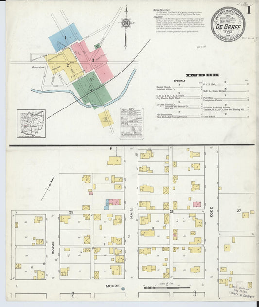 Sanborn Fire Insurance Map from Degraff, Logan County, Ohio (1915), Sheet #0001 - Historic Sanborn Fire Insurance Map Print, vintage old map wall art, antique decor, genealogy gift, Ohio Ohio map
