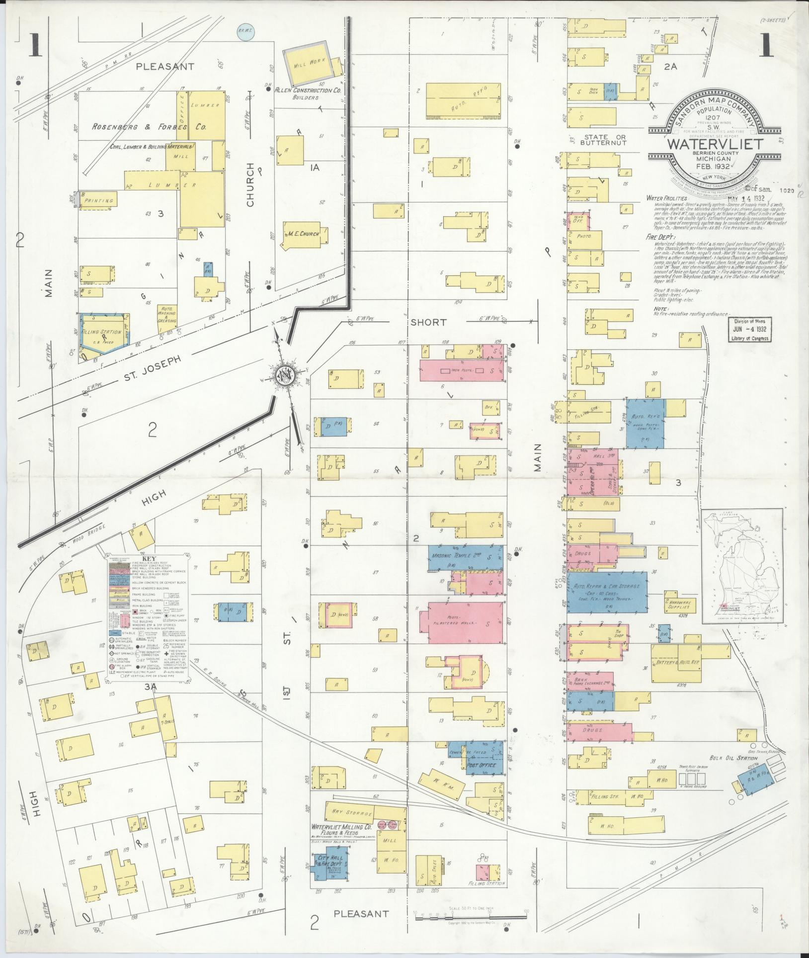 Sanborn Fire Insurance Map from Watervliet, Berrien County, Michigan. (1932) – Historic Sanborn Fire Insurance Map Print