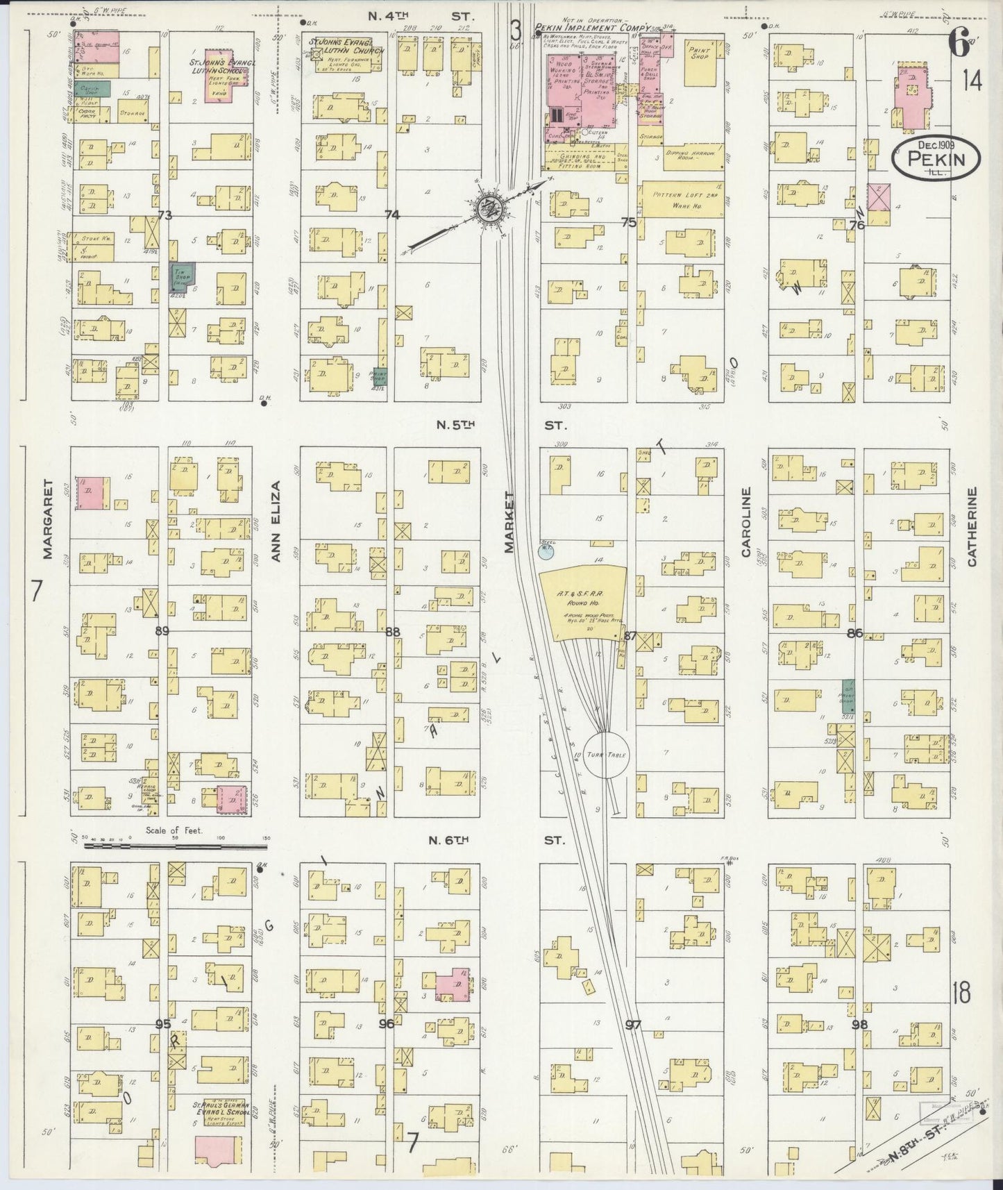 Sanborn Fire Insurance Map from Pekin, Tazewell County, Illinois (1909), Sheet #0006 - Historic Sanborn Fire Insurance Map Print, vintage old map wall art, antique decor, genealogy gift, Illinois Illinois map