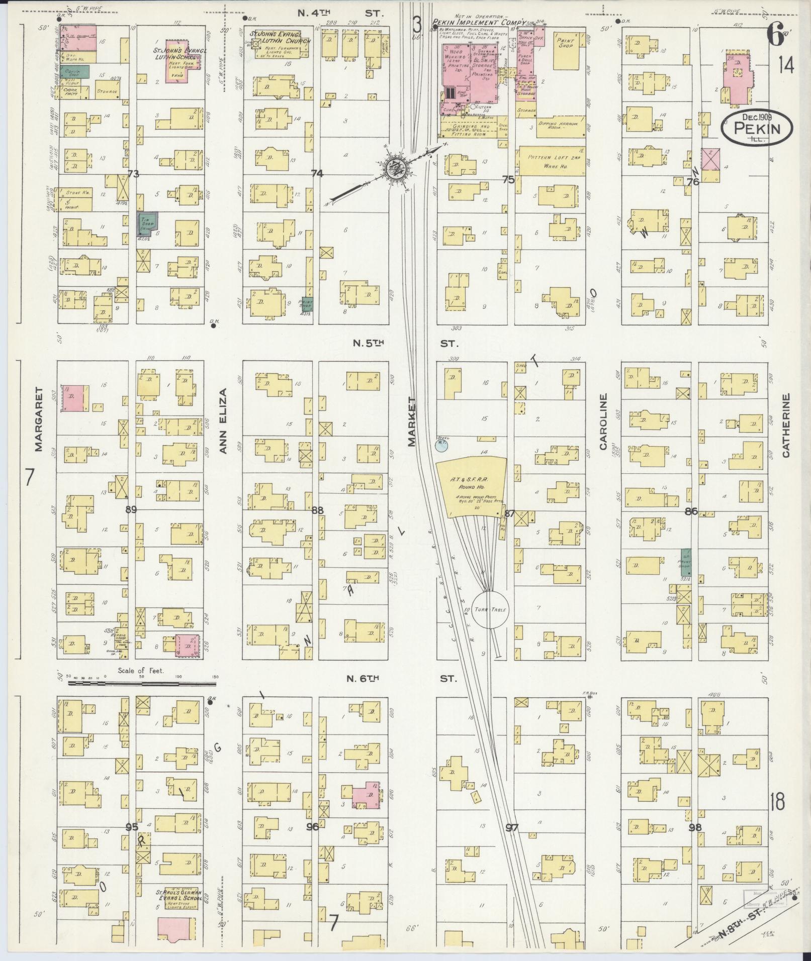 Sanborn Fire Insurance Map from Pekin, Tazewell County, Illinois (1909), Sheet #0006 - Historic Sanborn Fire Insurance Map Print, vintage old map wall art, antique decor, genealogy gift, Illinois Illinois map