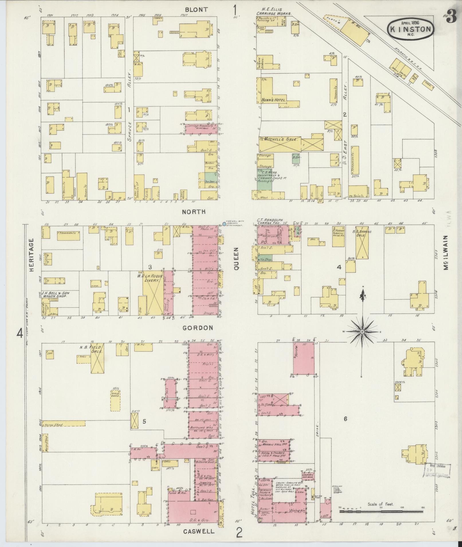 Sanborn Fire Insurance Map from Kinston, Lenoir County, North Carolina (1896), Sheet #0003 - Complete Map Set gallery image, historic Sanborn map, vintage wall art, North Carolina North Carolina