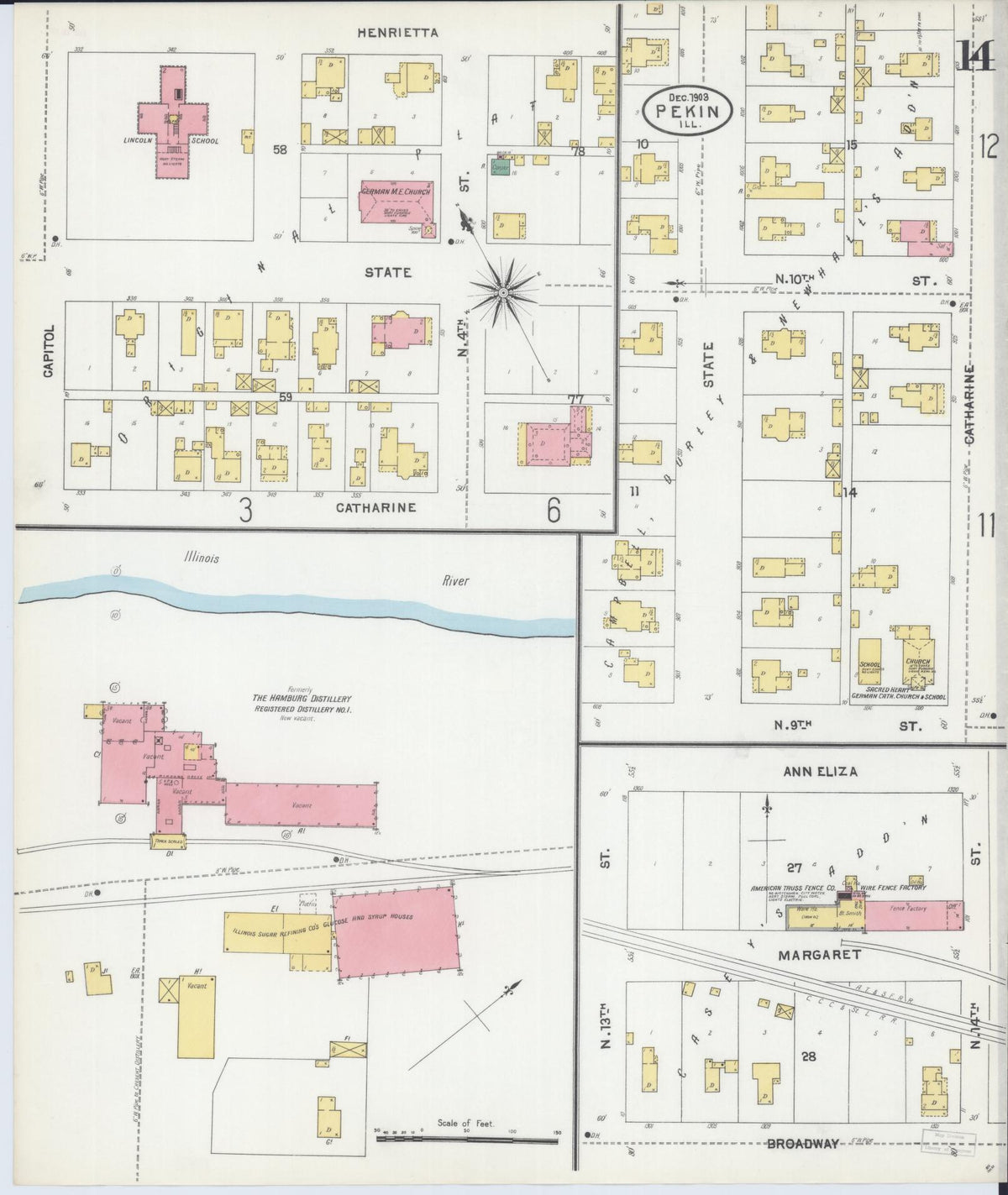 Sanborn Fire Insurance Map from Pekin, Tazewell County, Illinois (1903), Sheet #0014 - Historic Sanborn Fire Insurance Map Print, vintage old map wall art, antique decor, genealogy gift, Illinois Illinois map