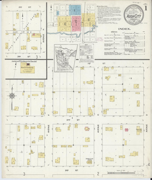 Sanborn Fire Insurance Map from Rush City, Chisago County, Minnesota (1912), Sheet #0001 - Historic Sanborn Fire Insurance Map Print, vintage old map wall art, antique decor, genealogy gift, Minnesota Minnesota map