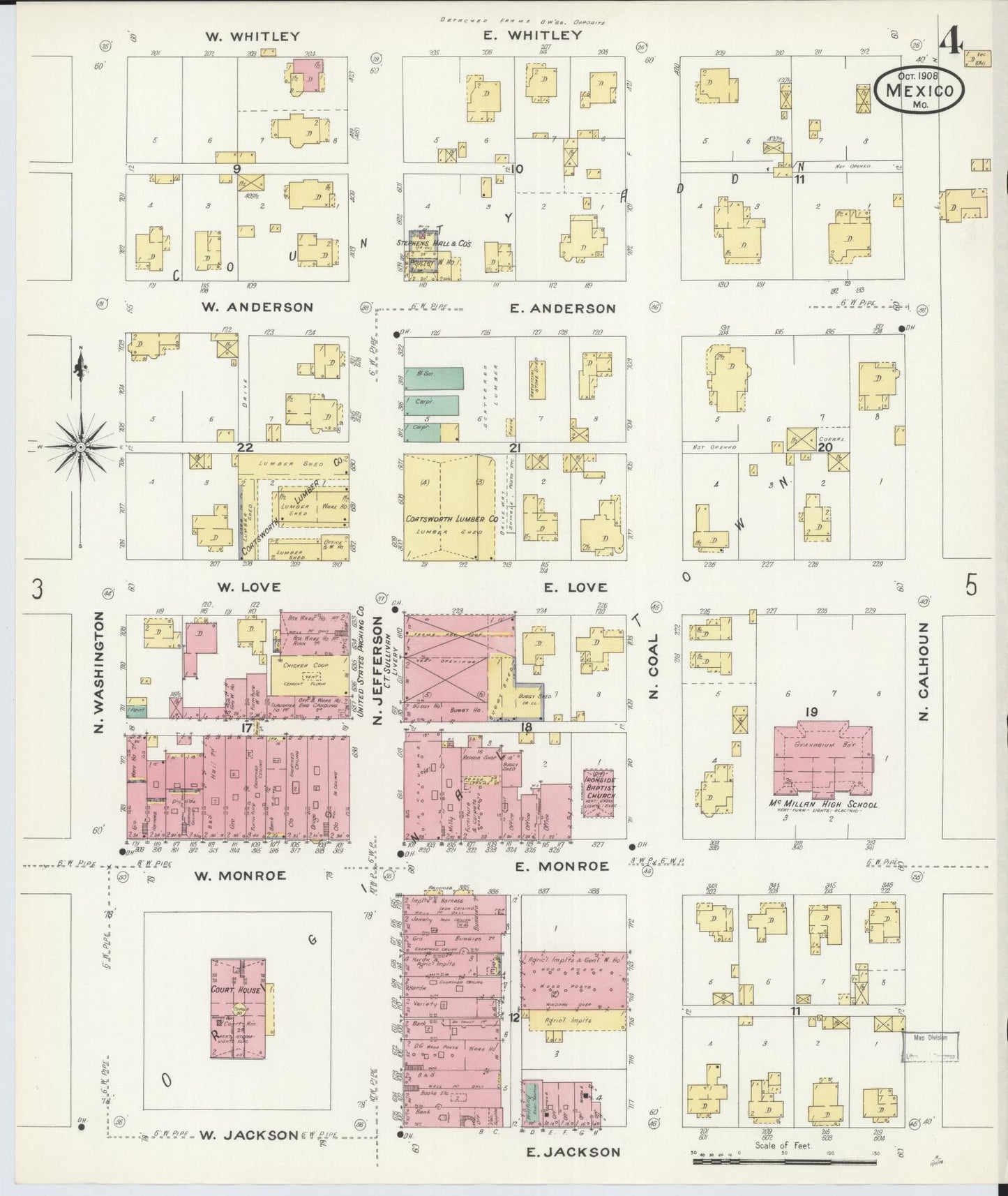 Sanborn Fire Insurance Map from Mexico, Audrain County, Missouri (1908), Sheet #0004 - Complete Map Set gallery image, historic Sanborn map, vintage wall art, Missouri Missouri