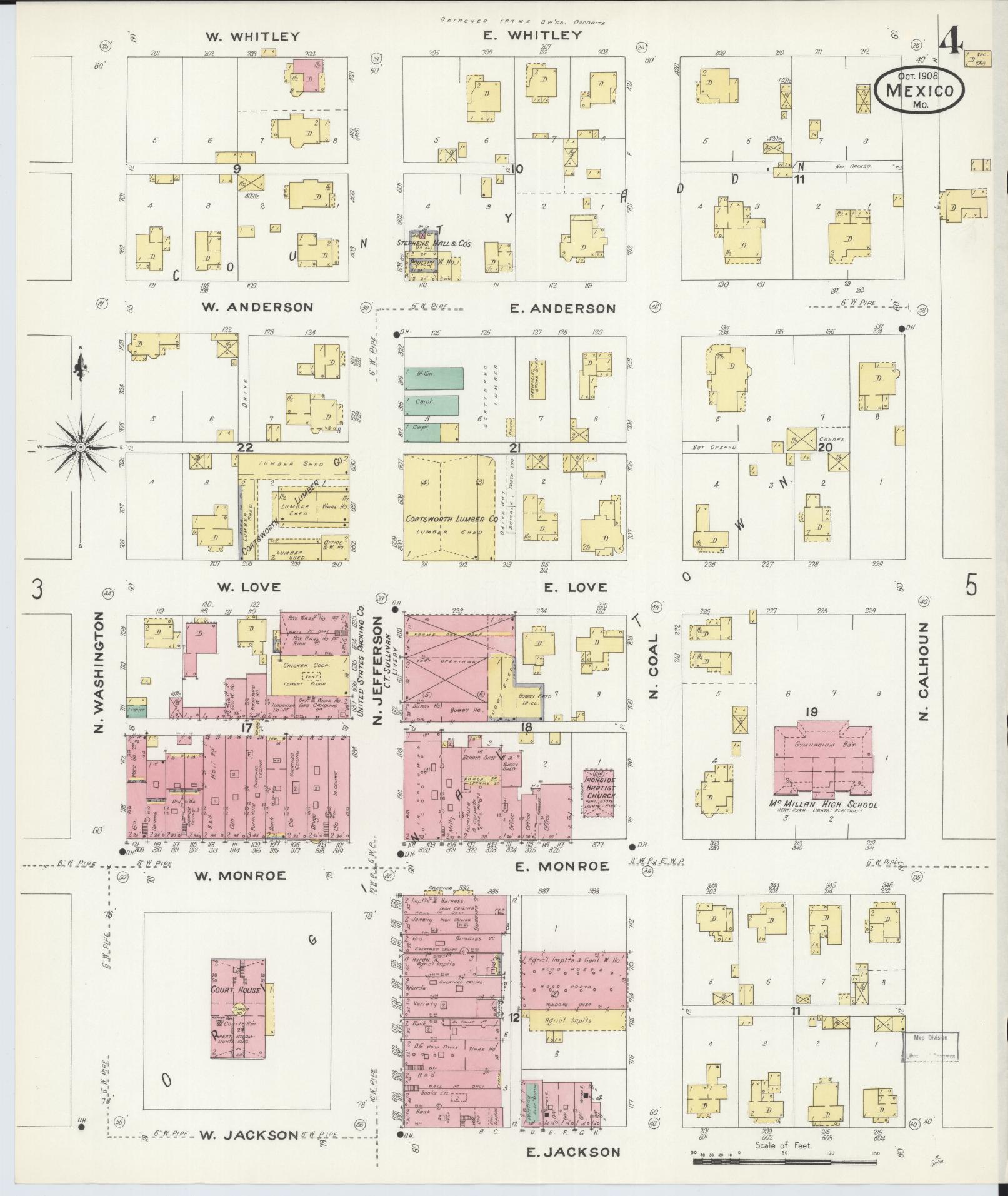 Sanborn Fire Insurance Map from Mexico, Audrain County, Missouri (1908), Sheet #0004 - Complete Map Set gallery image, historic Sanborn map, vintage wall art, Missouri Missouri