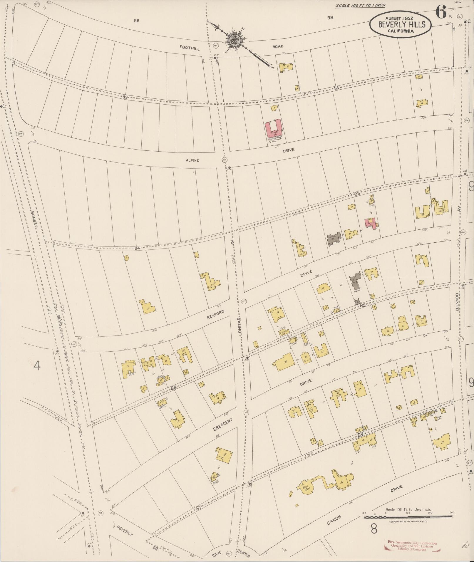 Sanborn Fire Insurance Map from Beverly Hills, Los Angeles County, California (1922), Sheet #0006 - Historic Sanborn Fire Insurance Map Print, vintage old map wall art, antique decor, genealogy gift, California California map