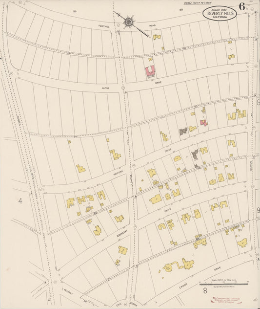 Sanborn Fire Insurance Map from Beverly Hills, Los Angeles County, California (1922), Sheet #0006 - Historic Sanborn Fire Insurance Map Print, vintage old map wall art, antique decor, genealogy gift, California California map