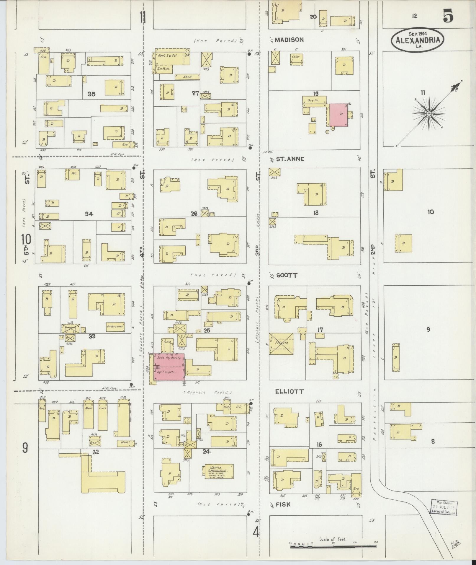 Sanborn Fire Insurance Map from Alexandria, Rapides Parish, Louisiana (1904), Sheet #0005 - Historic Sanborn Fire Insurance Map Print, vintage old map wall art, antique decor, genealogy gift, Louisiana Louisiana map