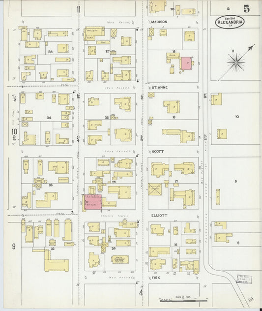 Sanborn Fire Insurance Map from Alexandria, Rapides Parish, Louisiana (1904), Sheet #0005 - Historic Sanborn Fire Insurance Map Print, vintage old map wall art, antique decor, genealogy gift, Louisiana Louisiana map