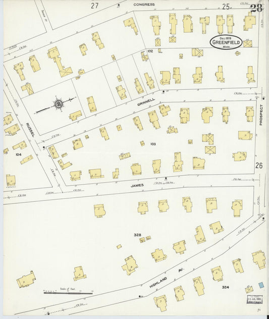 Sanborn Fire Insurance Map from Greenfield, Franklin County, Massachusetts (1909), Sheet #0028 - Historic Sanborn Fire Insurance Map Print, vintage old map wall art, antique decor, genealogy gift, Massachusetts Massachusetts map