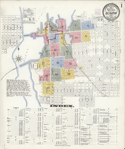 Sanborn Fire Insurance Map from Olympia, Thurston County, Washington (1908), Sheet #0001 - Historic Sanborn Fire Insurance Map Print, vintage old map wall art, antique decor, genealogy gift, Washington Washington map