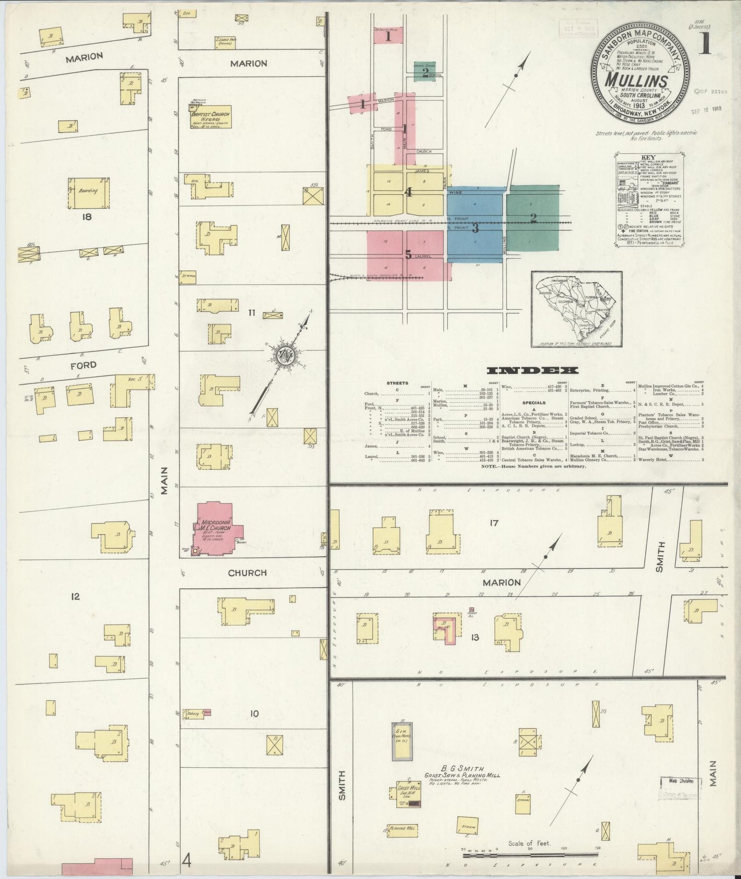 Sanborn Fire Insurance Map from Mullins, Marion County, South Carolina (1913), Sheet #0001 - Historic Sanborn Fire Insurance Map Print, vintage old map wall art, antique decor, genealogy gift, South Carolina South Carolina map