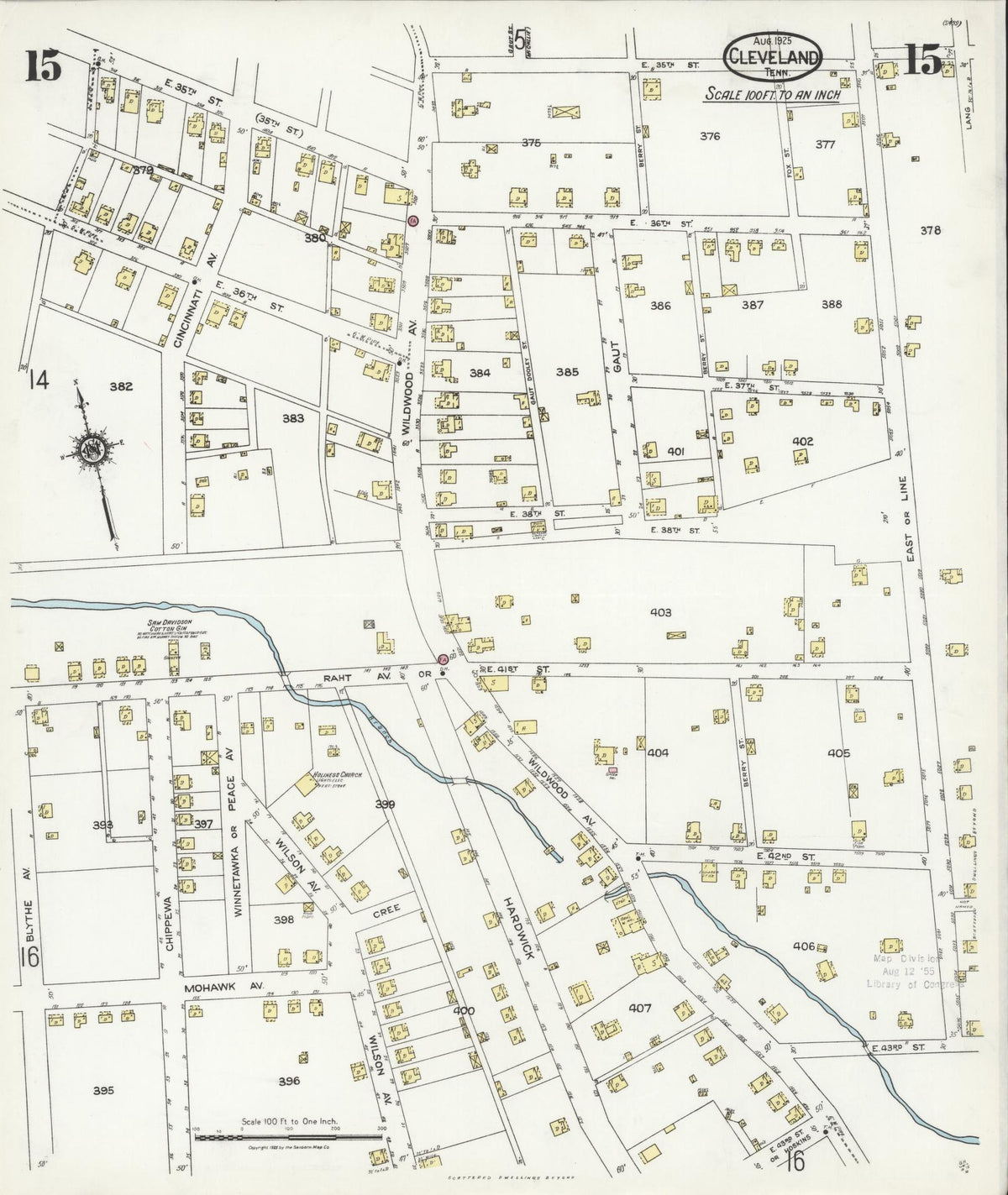 Sanborn Fire Insurance Map from Cleveland, Bradley County, Tennessee (1925), Sheet #0015 - Complete Map Set gallery image, historic Sanborn map, vintage wall art, Tennessee Tennessee