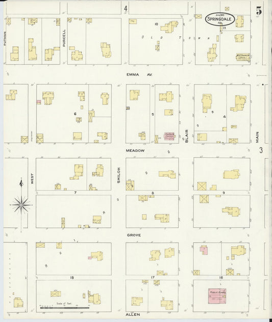 Sanborn Fire Insurance Map from Springdale, Washington County, Arkansas (1909), Sheet #0005 - Historic Sanborn Fire Insurance Map Print, vintage old map wall art, antique decor, genealogy gift, Arkansas Arkansas map