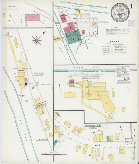 Sanborn Fire Insurance Map from Saint Albans, Kanawha County, West Virginia (1907), Sheet #0001 - Historic Sanborn Fire Insurance Map Print, vintage old map wall art, antique decor, genealogy gift, West Virginia West Virginia map
