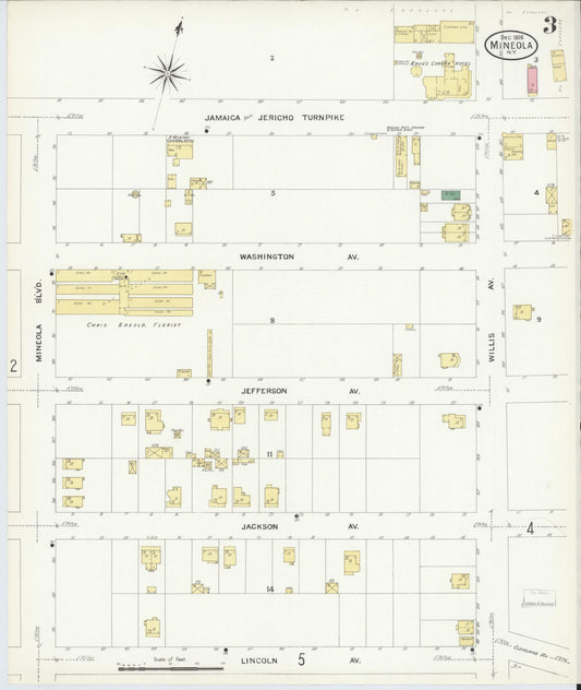 Sanborn Fire Insurance Map from Mineola, Nassau County, New York (1908), Sheet #0003 - Historic Sanborn Fire Insurance Map Print, vintage old map wall art, antique decor, genealogy gift, New York New York map