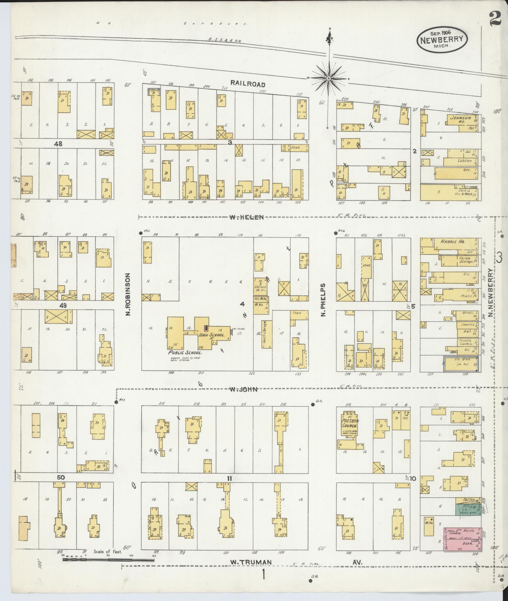 Sanborn Fire Insurance Map from Newberry, Luce County, Michigan (1906), Sheet #0002 - Complete Map Set gallery image, historic Sanborn map, vintage wall art, Michigan Michigan