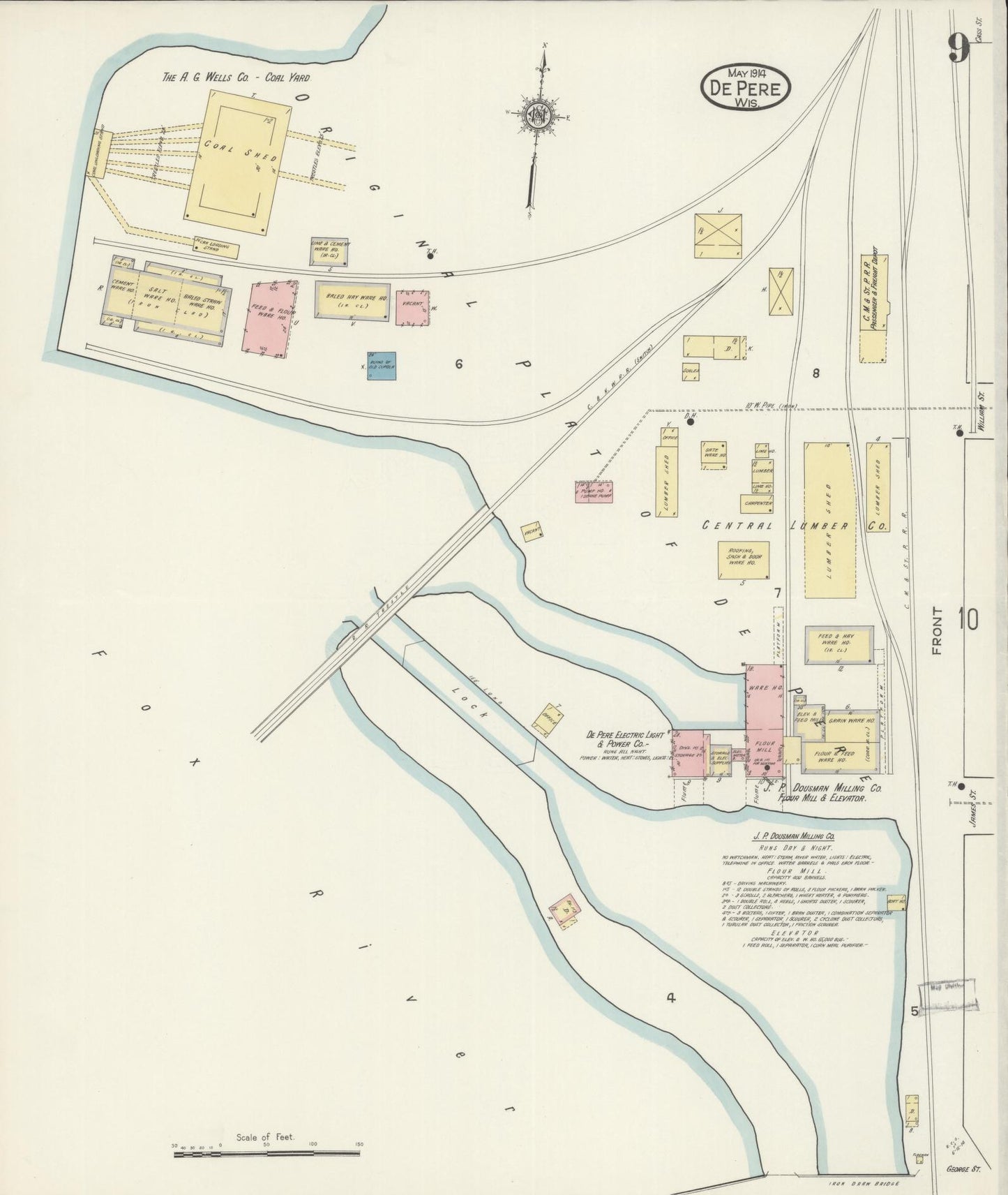 Sanborn Fire Insurance Map from De Pere, Brown County, Wisconsin (1914), Sheet #0009 - Historic Sanborn Fire Insurance Map Print, vintage old map wall art, antique decor, genealogy gift, Wisconsin Wisconsin map