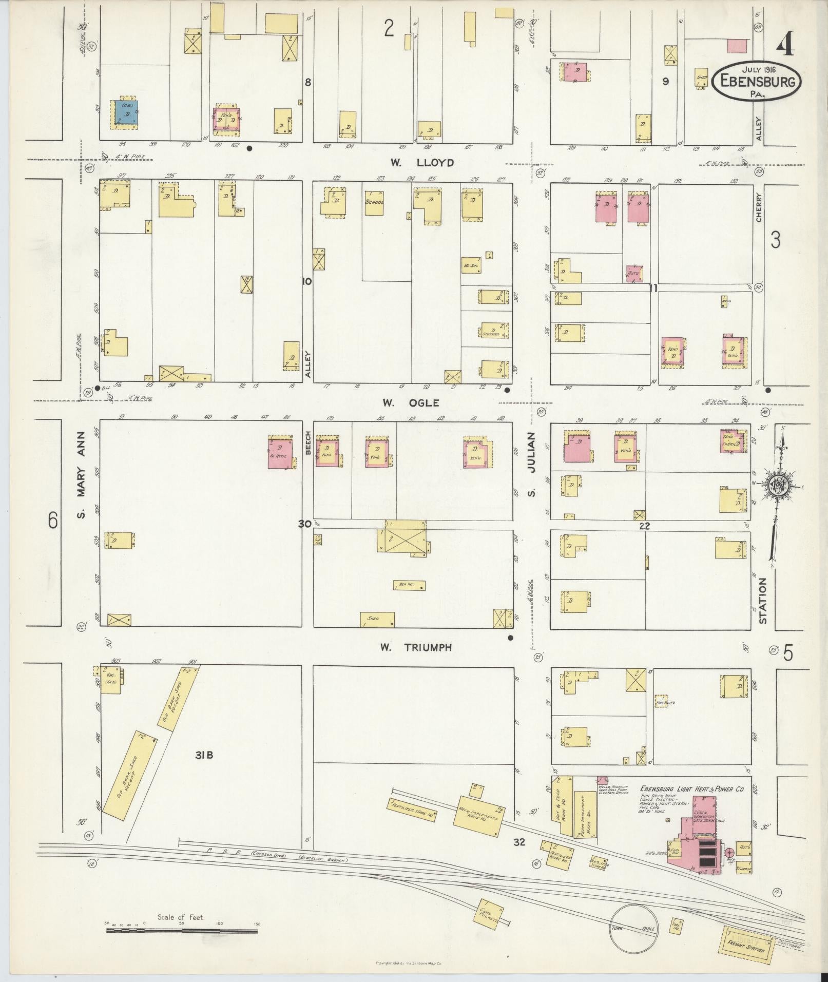 Sanborn Fire Insurance Map from Ebensburg, Cambria County, Pennsylvania (1916), Sheet #0004 - Historic Sanborn Fire Insurance Map Print, vintage old map wall art, antique decor, genealogy gift, Pennsylvania Pennsylvania map