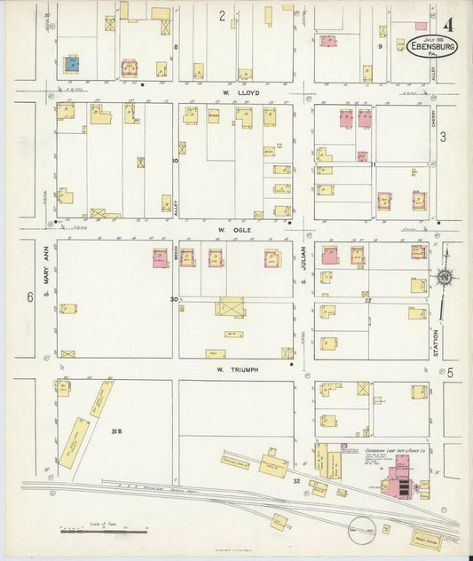 Sanborn Fire Insurance Map from Ebensburg, Cambria County, Pennsylvania (1916), Sheet #0004 - Historic Sanborn Fire Insurance Map Print, vintage old map wall art, antique decor, genealogy gift, Pennsylvania Pennsylvania map