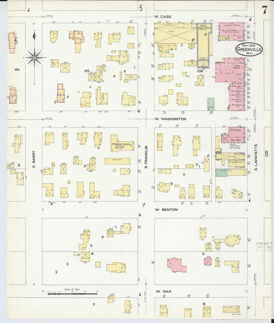 Sanborn Fire Insurance Map from Greenville, Montcalm County, Michigan (1908), Sheet #0007 - Historic Sanborn Fire Insurance Map Print, vintage old map wall art, antique decor, genealogy gift, Michigan Michigan map