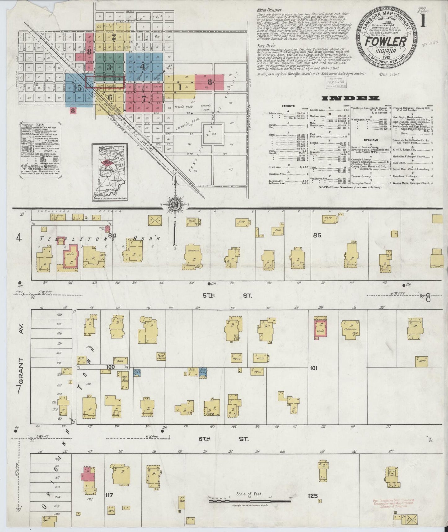 Sanborn Fire Insurance Map from Fowler, Benton County, Indiana (1921), Sheet #0001 - Complete Map Set gallery image, historic Sanborn map, vintage wall art, Indiana Indiana