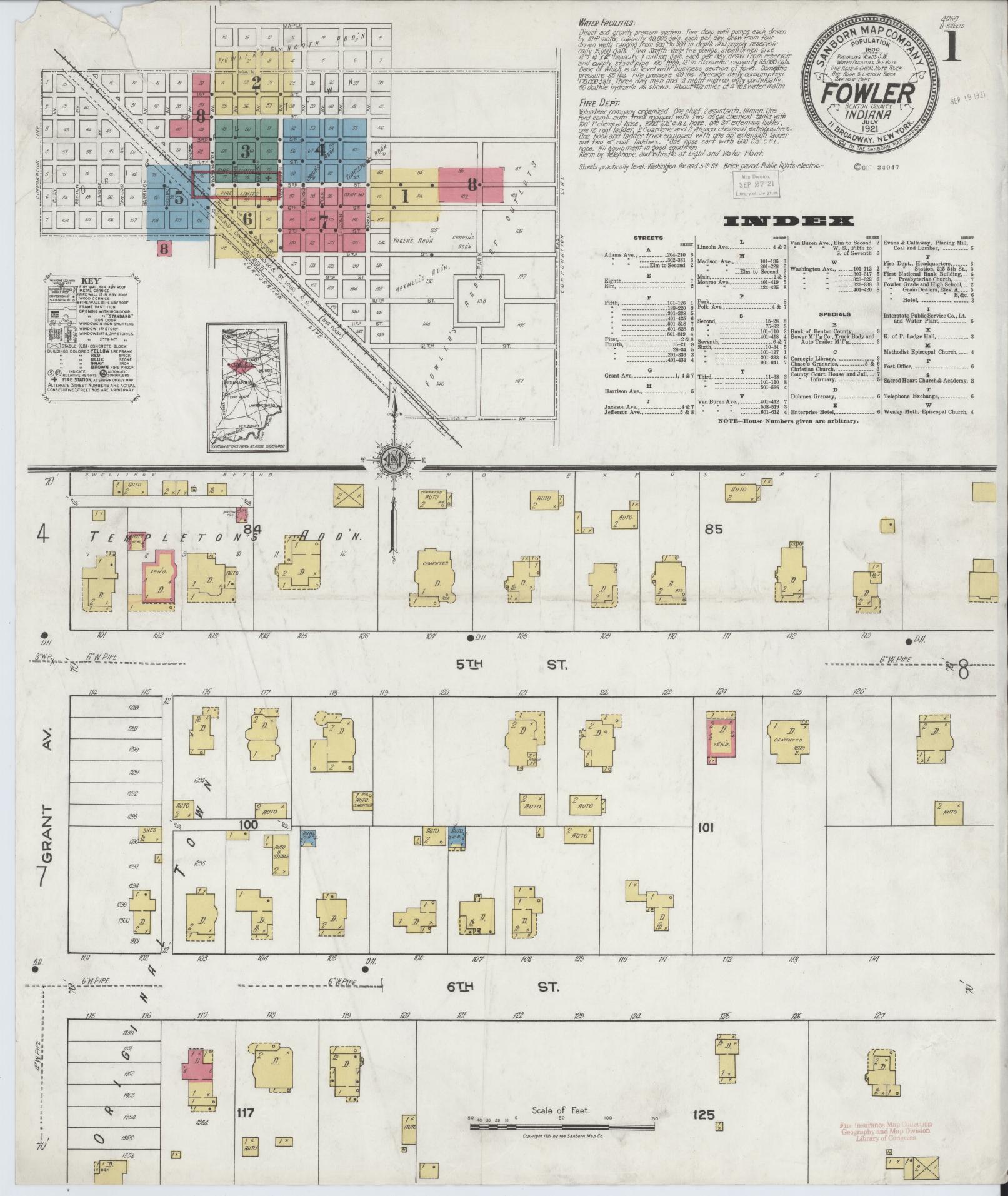 Sanborn Fire Insurance Map from Fowler, Benton County, Indiana (1921), Sheet #0001 - Complete Map Set gallery image, historic Sanborn map, vintage wall art, Indiana Indiana