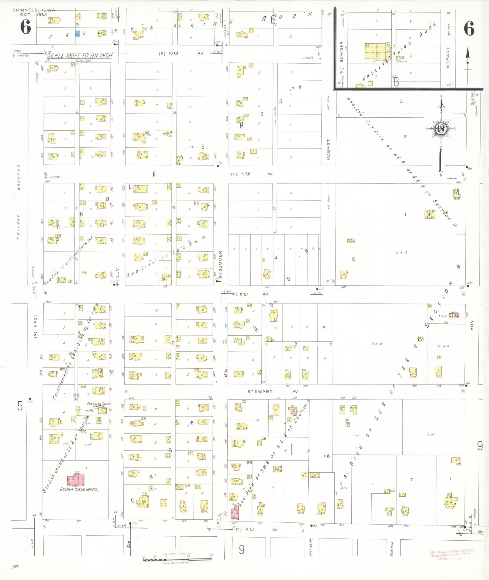 Sanborn Fire Insurance Map from Grinnell, Poweshiek County, Iowa (1932), Sheet #0006 - Historic Sanborn Fire Insurance Map Print, vintage old map wall art