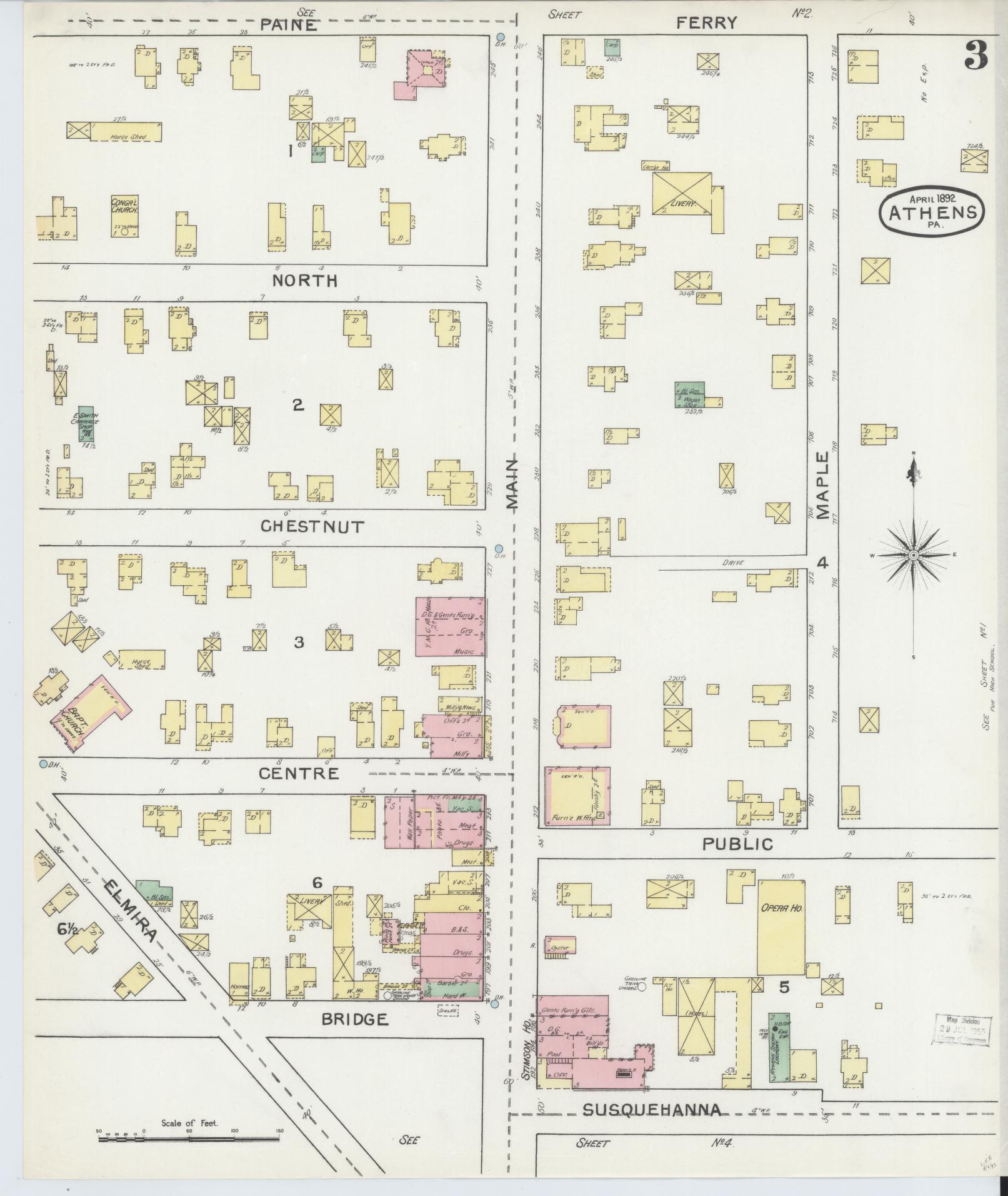 Sanborn Fire Insurance Map from Athens, Bradford County, Pennsylvania (1892), Sheet #0003 - Historic Sanborn Fire Insurance Map Print, vintage old map wall art, antique decor, genealogy gift, Pennsylvania Pennsylvania map