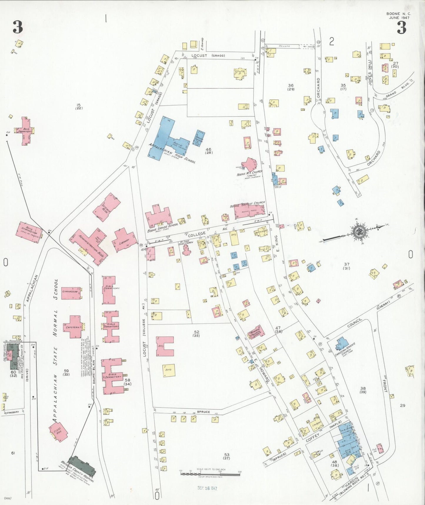 Sanborn Fire Insurance Map from Boone, Watauga County, North Carolina (1947), Sheet #0003 - Historic Sanborn Fire Insurance Map Print, vintage old map wall art, antique decor, genealogy gift, North Carolina North Carolina map