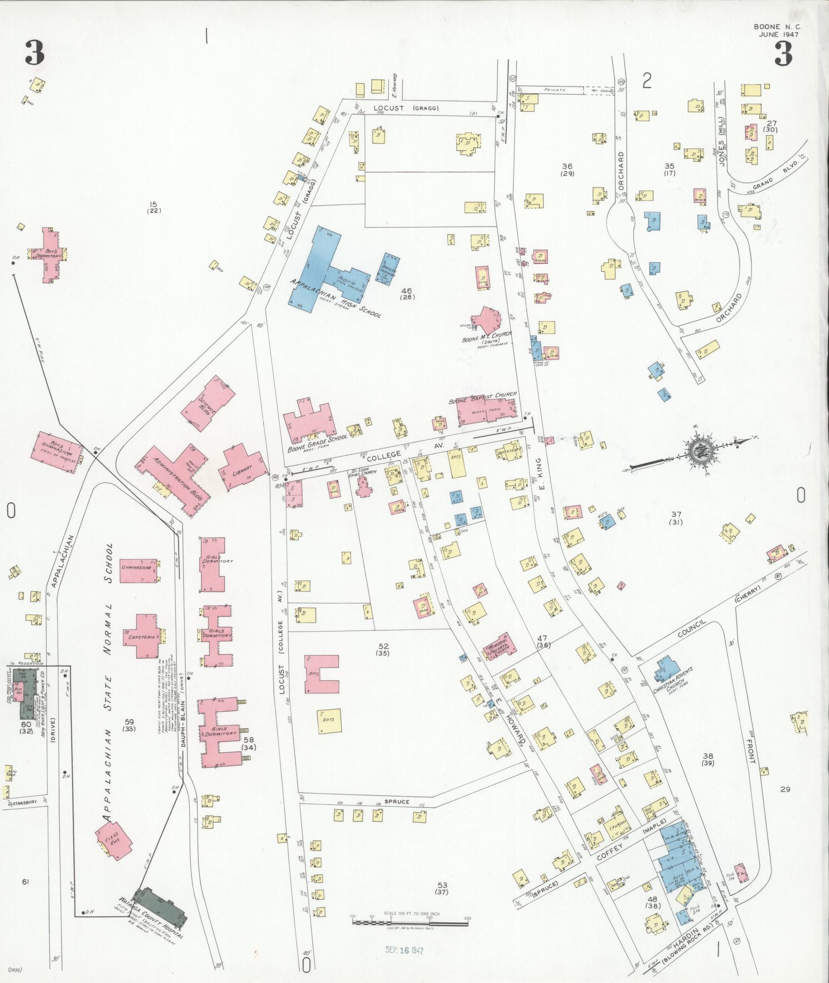 Sanborn Fire Insurance Map from Boone, Watauga County, North Carolina (1947), Sheet #0003 - Historic Sanborn Fire Insurance Map Print, vintage old map wall art, antique decor, genealogy gift, North Carolina North Carolina map