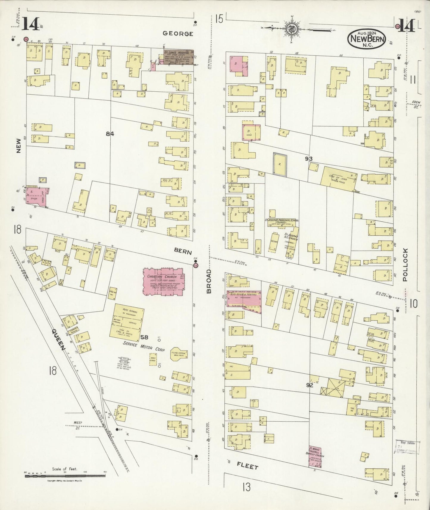 Sanborn Fire Insurance Map from New Bern, Craven County, North Carolina (1924), Sheet #0014 - Historic Sanborn Fire Insurance Map Print, vintage old map wall art, antique decor, genealogy gift, North Carolina North Carolina map