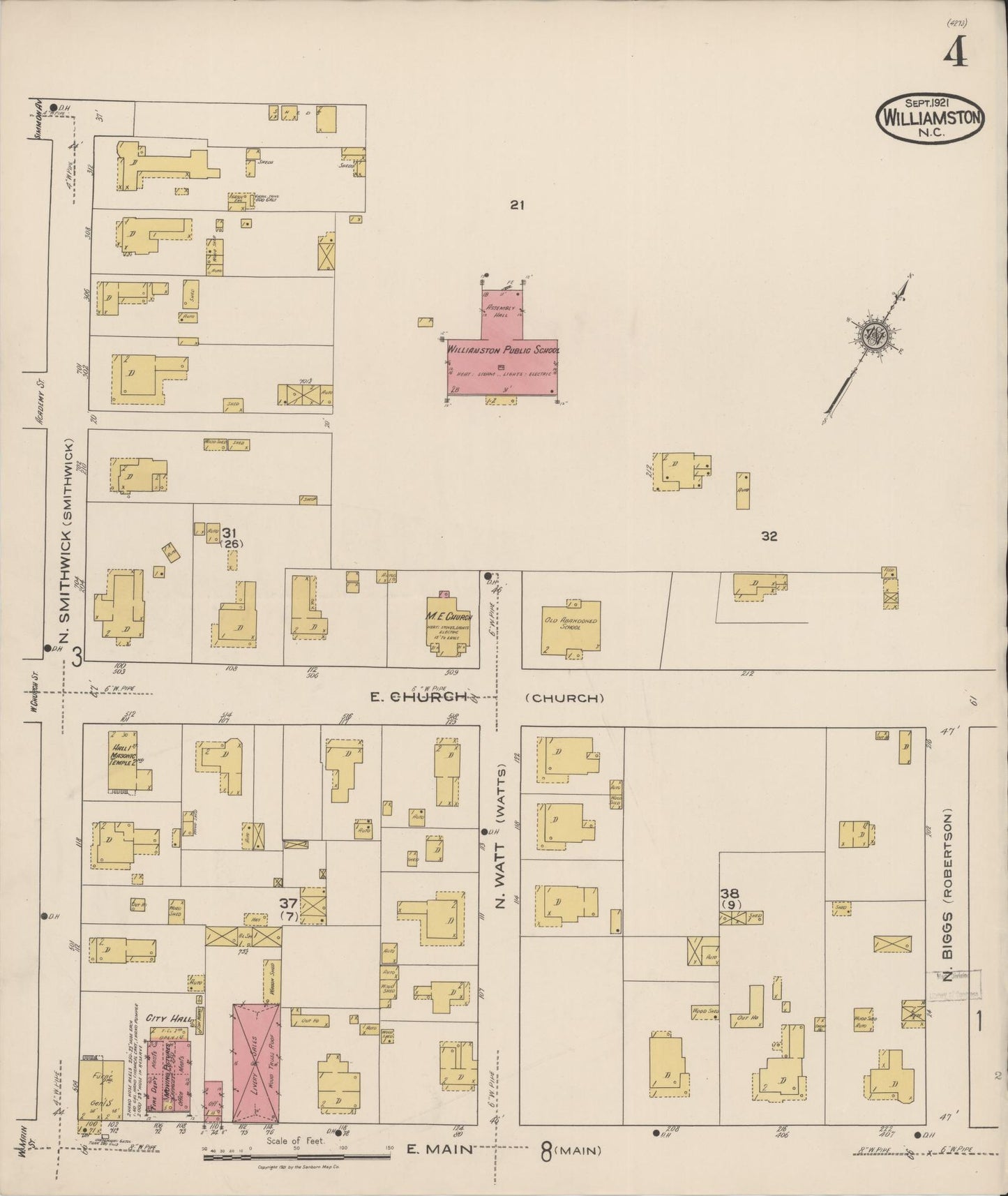 Sanborn Fire Insurance Map from Williamston, Martin County, North Carolina (1921), Sheet #0004 - Complete Map Set gallery image, historic Sanborn map, vintage wall art, North Carolina North Carolina