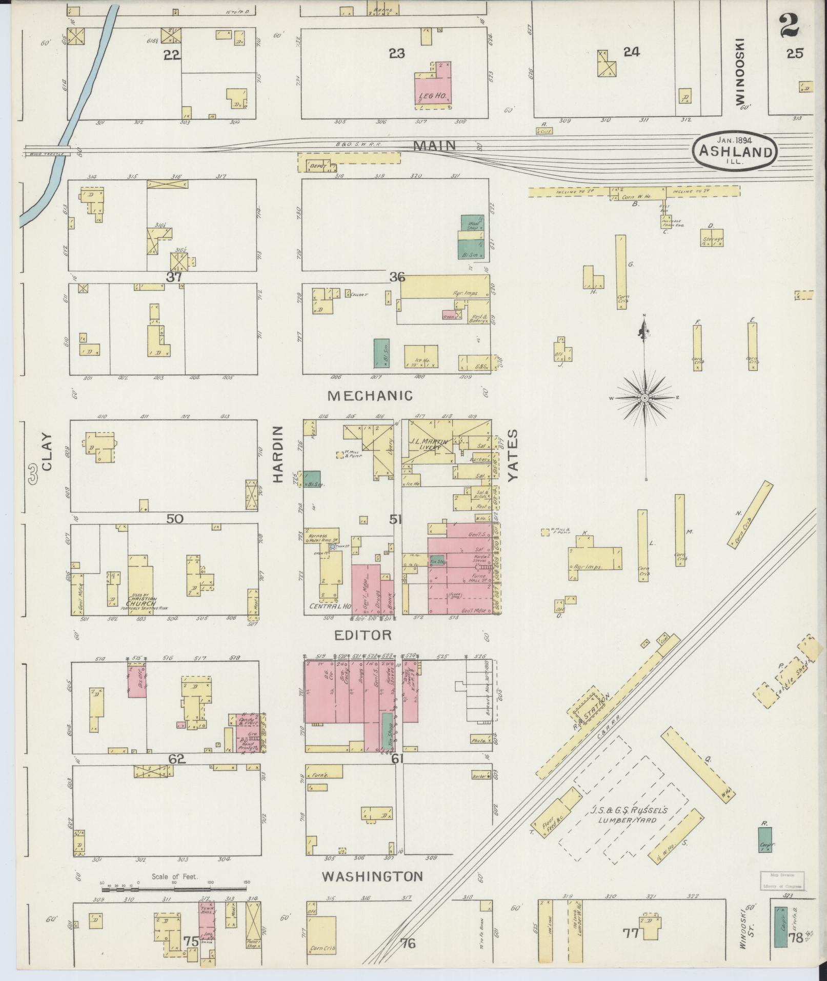 Sanborn Fire Insurance Map from Ashland, Cass County, Illinois (1894), Sheet #0002 - Historic Sanborn Fire Insurance Map Print, vintage old map wall art, antique decor, genealogy gift, Illinois Illinois map