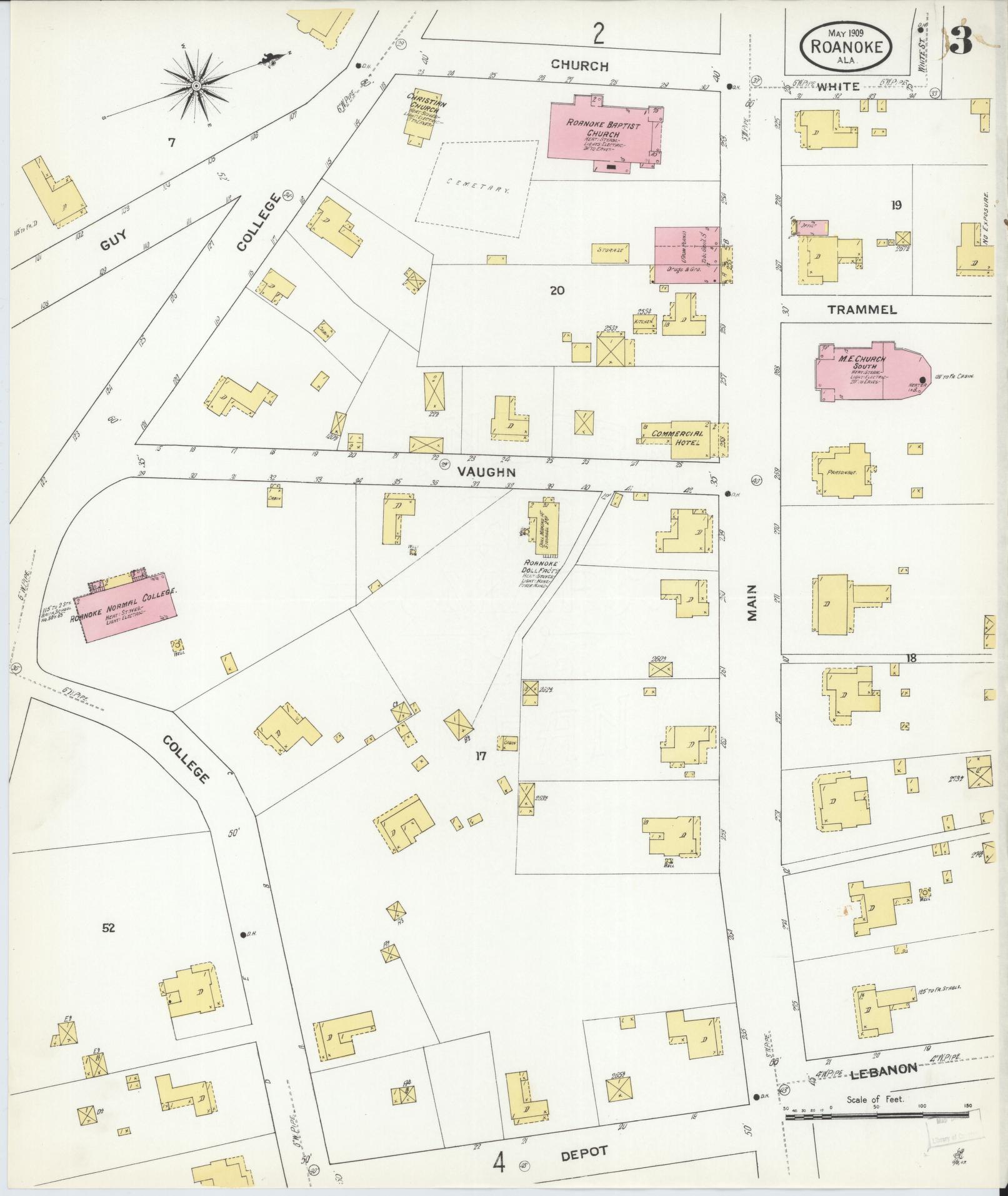 Sanborn Fire Insurance Map from Roanoke, Randolph County, Alabama (1909), Sheet #0003 - Historic Sanborn Fire Insurance Map Print, vintage old map wall art, antique decor, genealogy gift, Alabama Alabama map