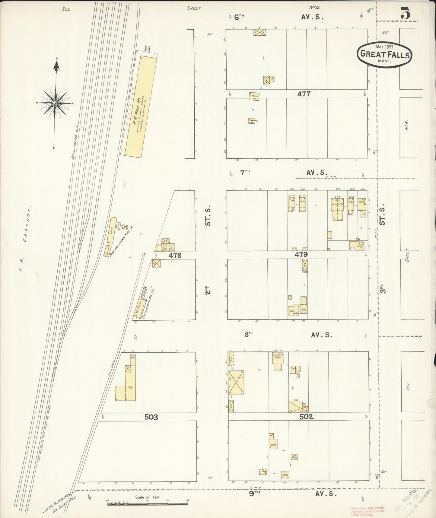 Sanborn Fire Insurance Map from Great Falls, Cascade County, Montana (1891), Sheet #0005 - Complete Map Set gallery image, historic Sanborn map, vintage wall art, Montana Montana