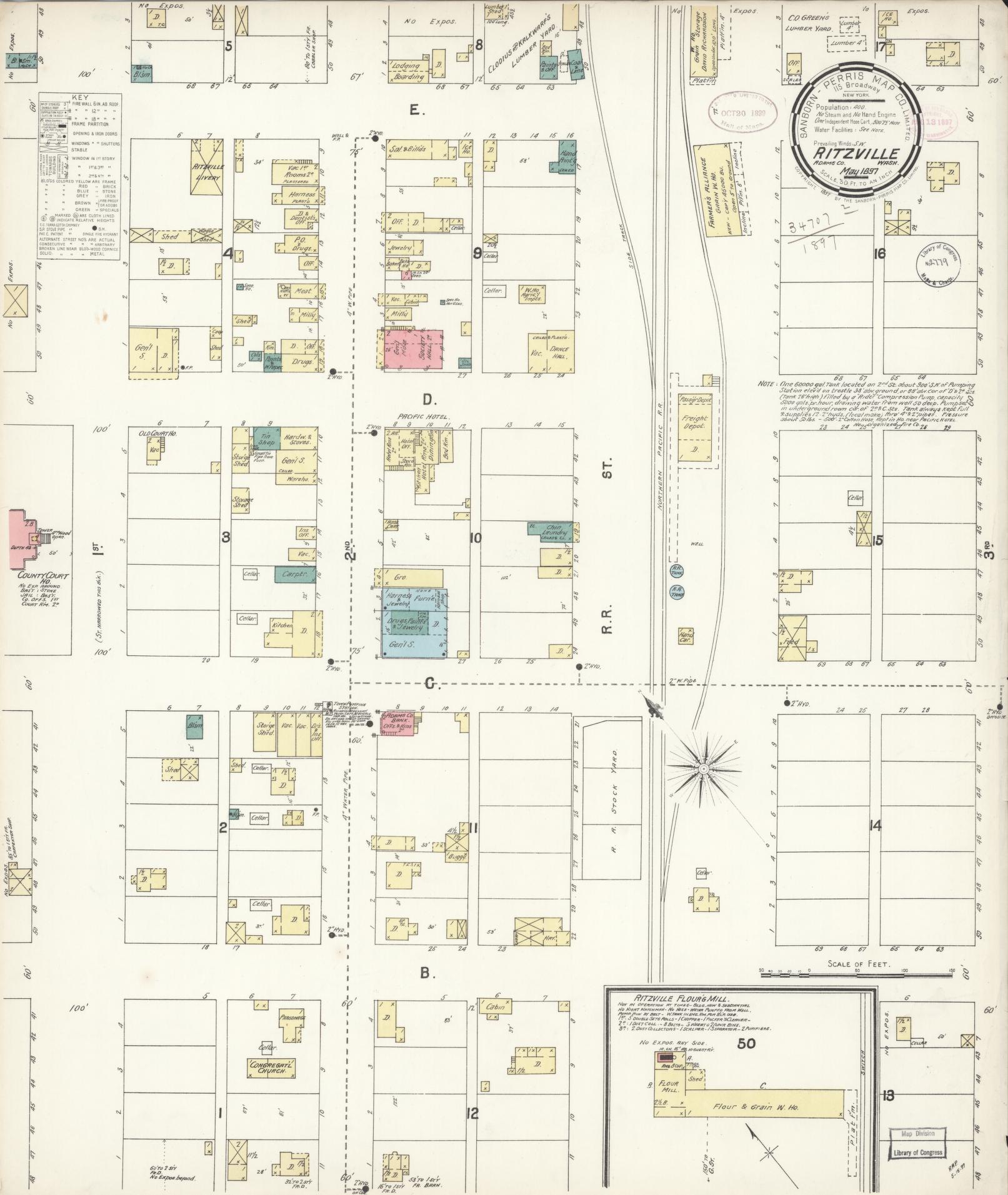 Sanborn Fire Insurance Map from Ritzville, Adams County, Washington (1897), Sheet #0001 - Historic Sanborn Fire Insurance Map Print, vintage old map wall art, antique decor, genealogy gift, Washington Washington map