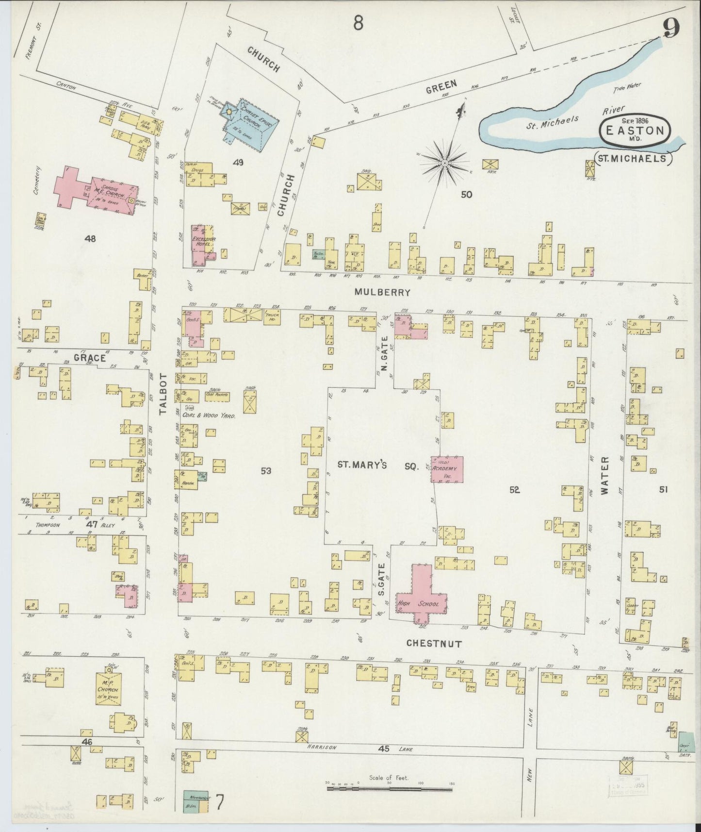 Sanborn Fire Insurance Map from Easton, Talbot County, Maryland (1896), Sheet #0009 - Historic Sanborn Fire Insurance Map Print, vintage old map wall art, antique decor, genealogy gift, Maryland Maryland map